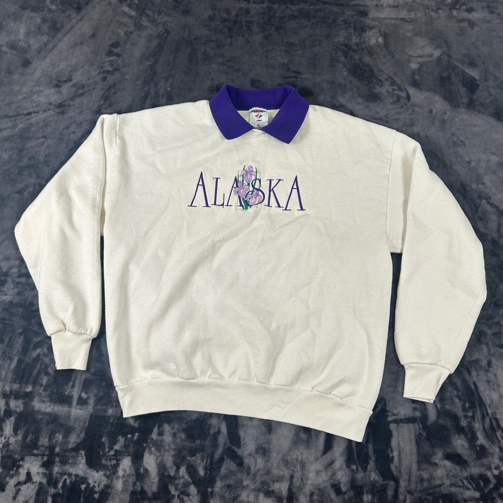 Jerzees Collared Sweatshirt Womens XL White Alaska Embroidered Vintage NuBlend